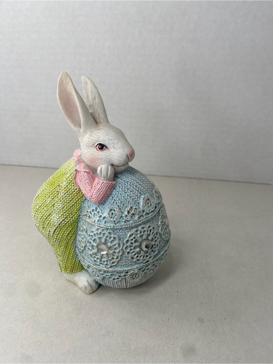 Other - Easter Bunny Figurine Pastel Blue Lace Knit Egg Rhinestone Gem Resin Decor